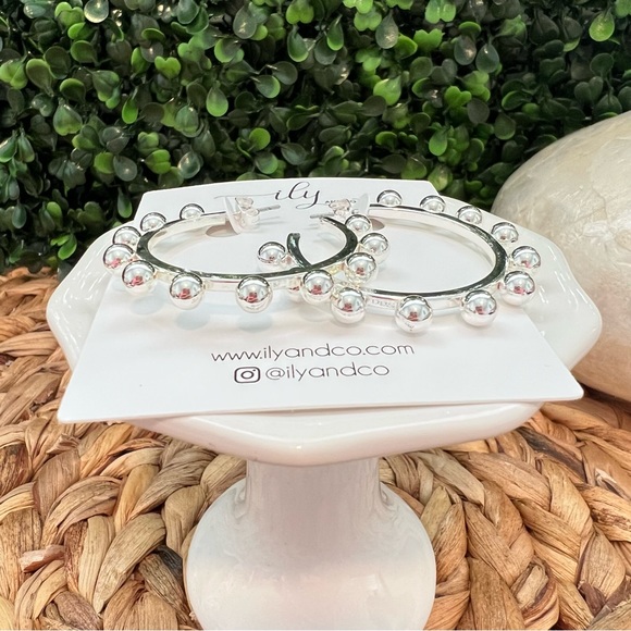 New Silver Tone Ball Stud Hoop Earrings | Boutique | Statement Hoops - Picture 4 of 4